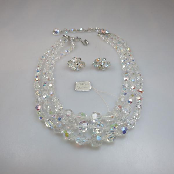 Appraisal: Sherman Triple Strand Clear Rhinestone Necklace And Clip Earrings cm