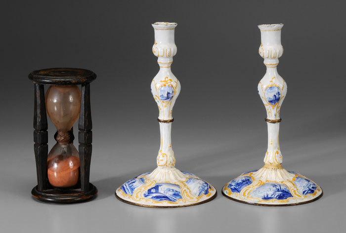 Appraisal: Pair Battersea Type Candlesticks Hourglass English late th century enamel