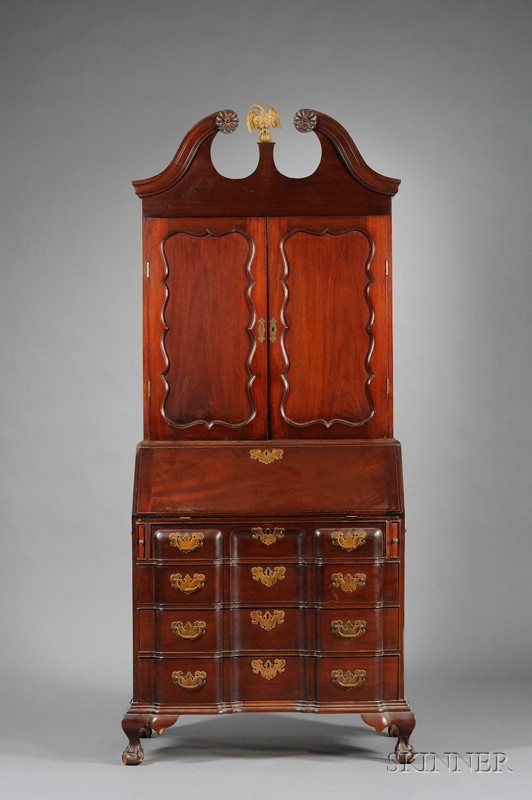 Appraisal: Chippendale-style Carved Mahogany Two-Part Slant-lid Block-front Desk Bookcase approx ht