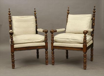 Appraisal: Pair of English Elizabethan Revival Walnut Armchairs With modern upholstery