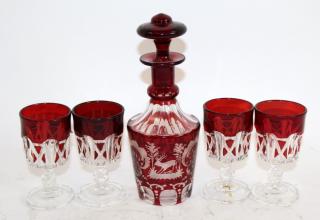 Appraisal: Cranberry cut to clear cordial set piece Cranberry cut to