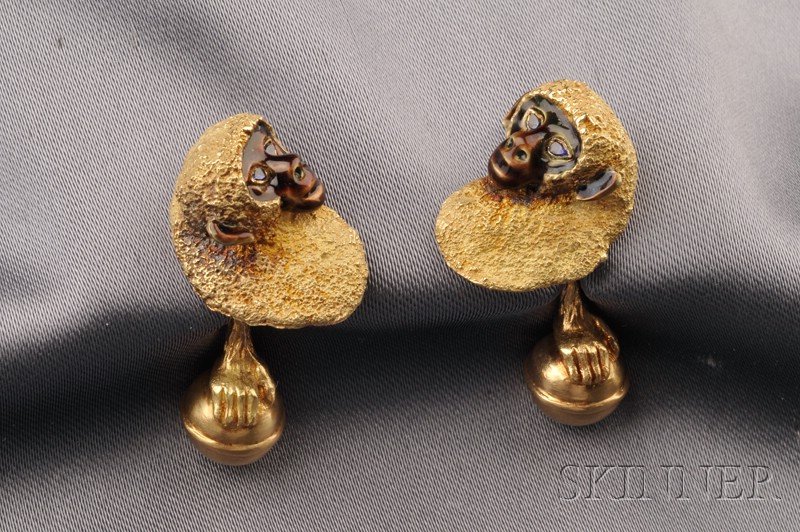 Appraisal: kt Gold Enamel and Sapphire Monkey Cuff Links Tiffany Co