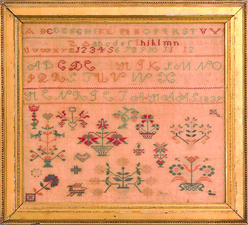 Appraisal: Silk on linen sampler dated with alphabet over a field