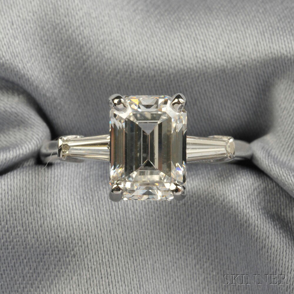 Appraisal: Platinum and Diamond Solitaire prong-set with an emerald-cut diamond weighing