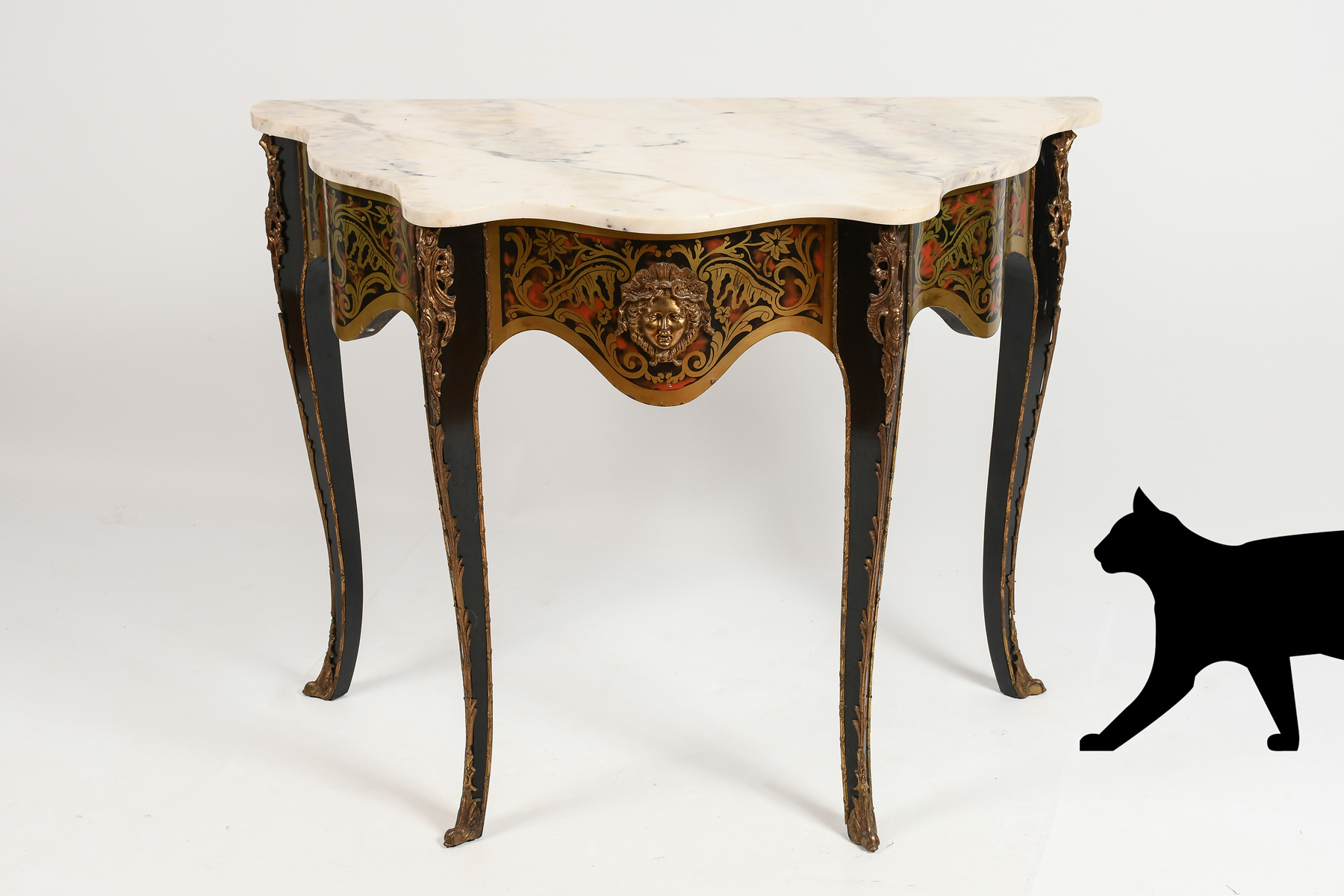 Appraisal: FAUX BOULLE INLAY MARBLE TOP HALL TABLE Curvaceous white marble