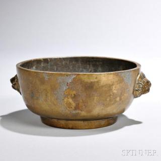 Appraisal: Bronze Censer China bowl-form with two lion mask handles on