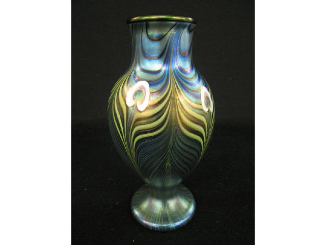 Appraisal: Orient Flume Art Glass Vase peacock feather iridescent design excellent