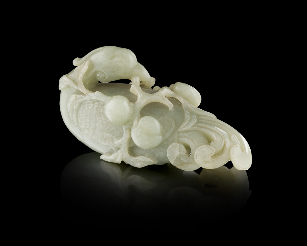 Appraisal: CELADON JADE CARVED 'PHOENIX AND PEACH' GROUP QING DYNASTY TH