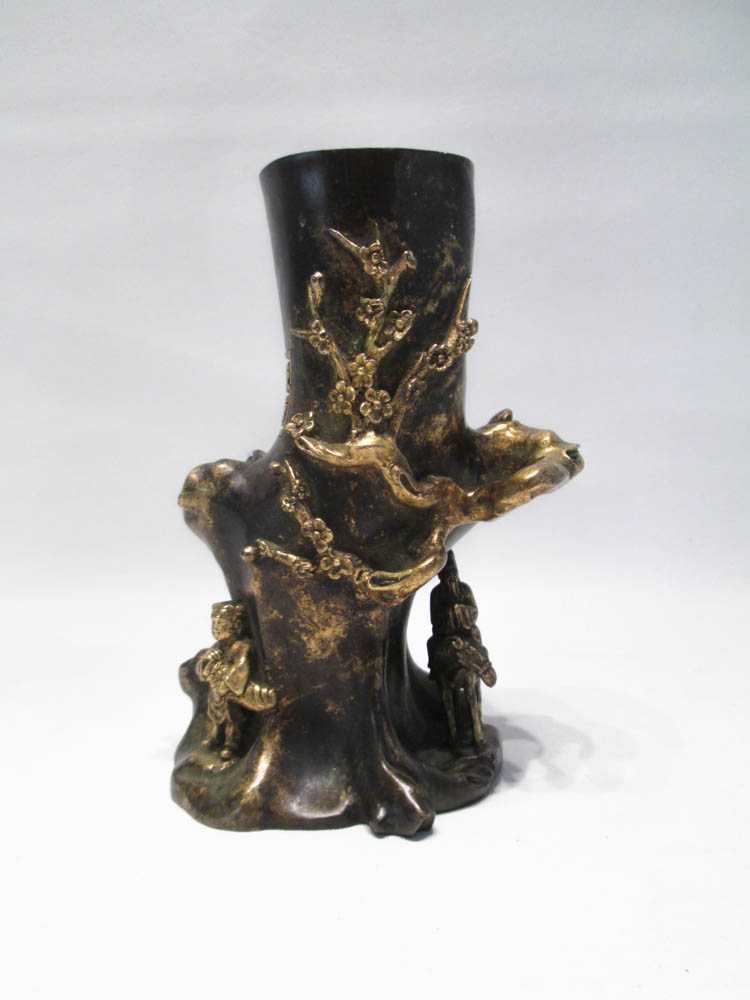 Appraisal: CHINESE GILT AND PATINATED BRONZE VASE tree trunk form with