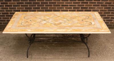 Appraisal: An inlaid stone top table on metal support by Tallendi