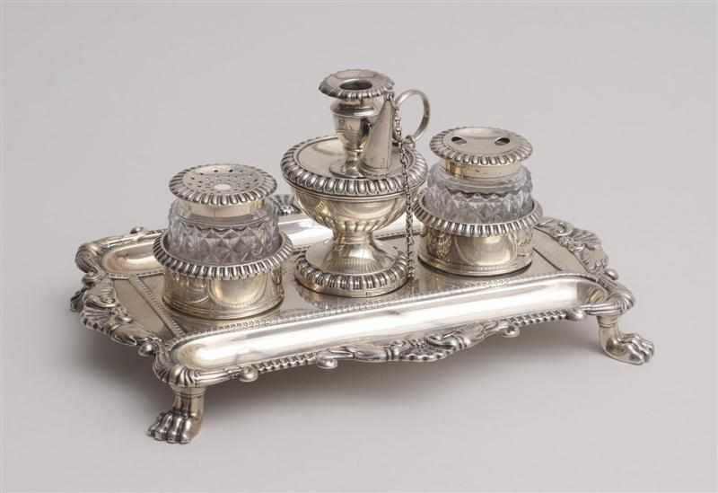 Appraisal: GEORGE III SILVER INKSTAND John Roberto Co Sheffield bobeche and