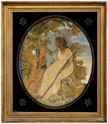 Appraisal: Fine silk needlework shepherdess carving her name into a tree