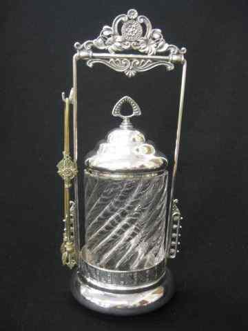 Appraisal: Victorian Silverplate Pickle Castor swirl design clear insert with tongs