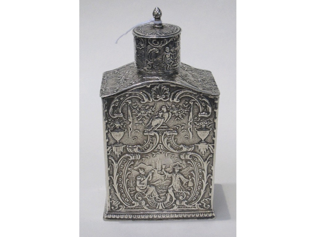 Appraisal: Eastern embossed silver tea caddy decorated with figures and love