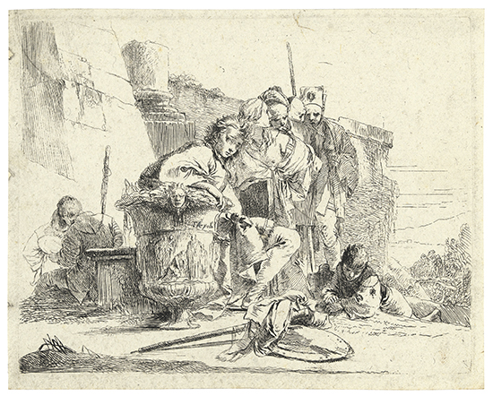 Appraisal: GIOVANNI B TIEPOLO Giovane seduto appoggiato ad un'urna Etching before