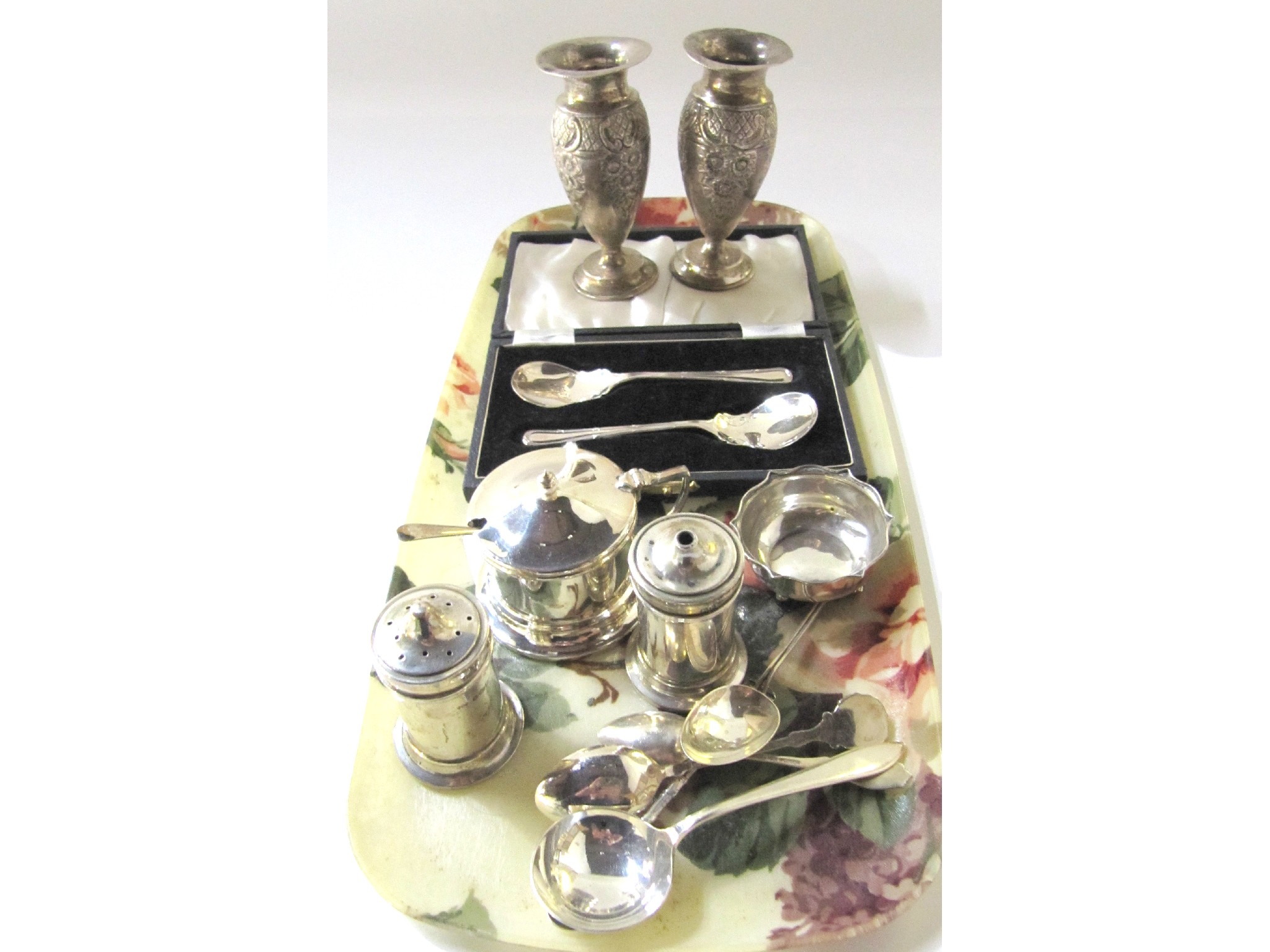 Appraisal: A lot comprising a pair of silver vases a cased