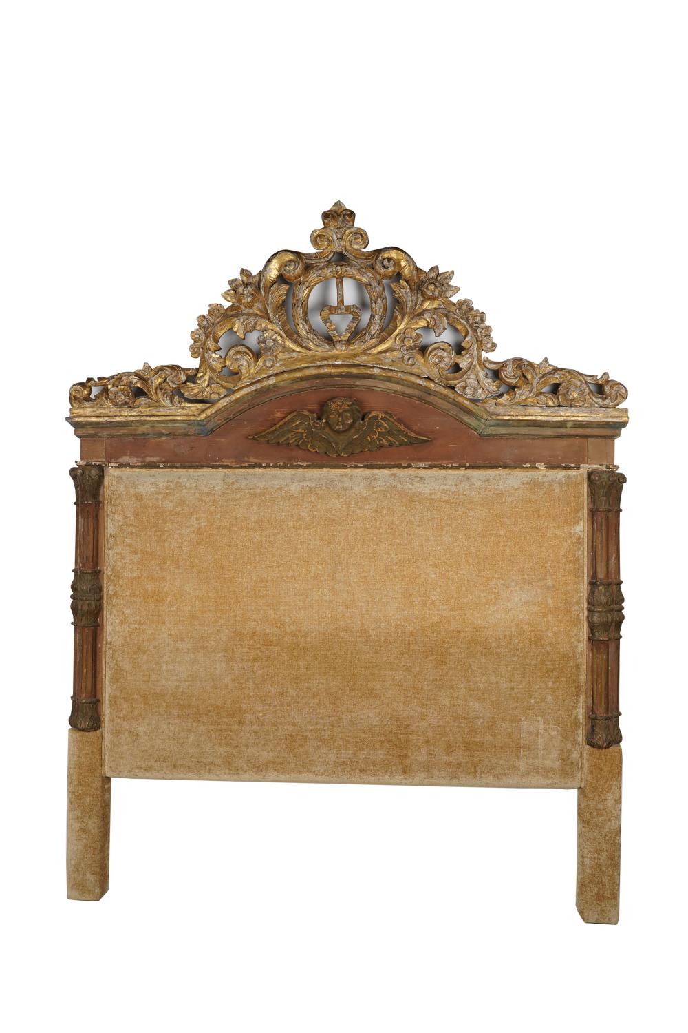 Appraisal: CARVED GILTWOOD UPHOLSTERY HEADBOARDwith removable cornice Provenance Estate of Peggy