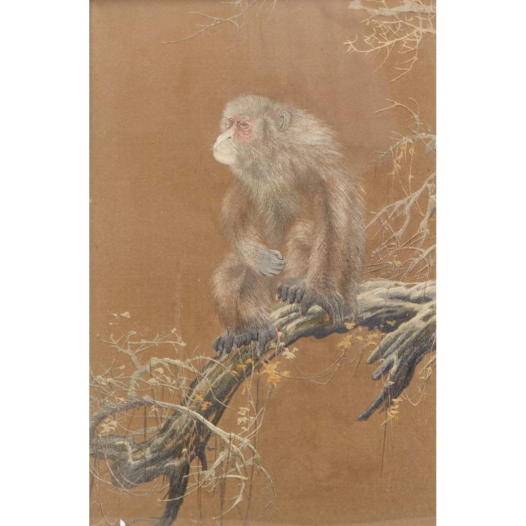 Appraisal: Japanese Silk Embroidery Depicting a Monkey Image x inches C