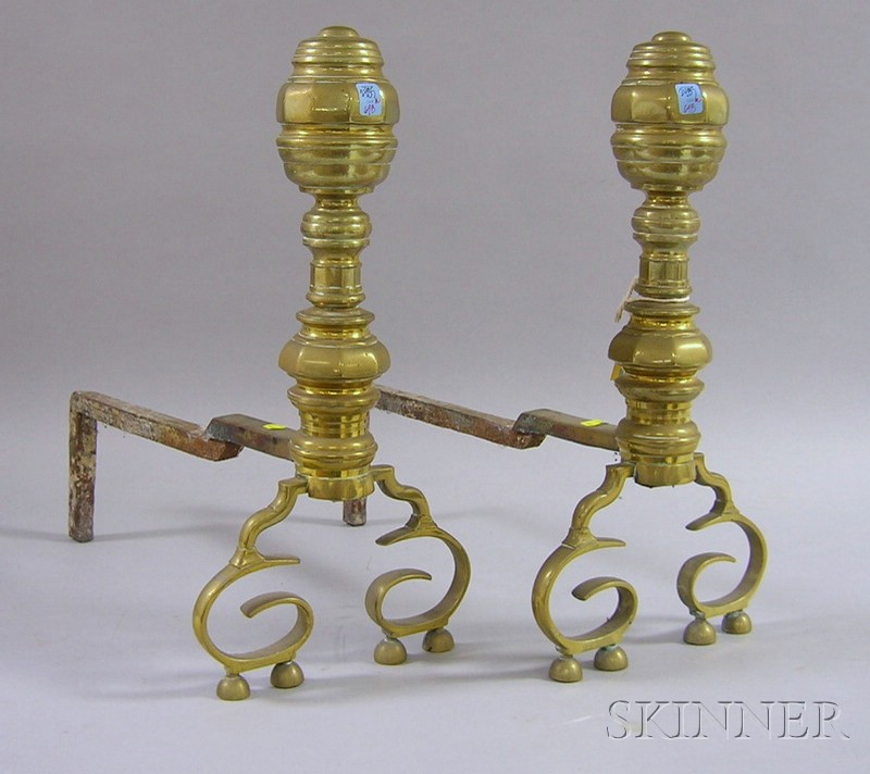 Appraisal: Pair of Brass Faceted and Ring-turned Andirons ht lg in