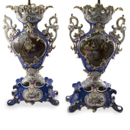 Appraisal: Pair of Paris Porcelain Two-Handled Two-Light Lamps on Stands Estimate