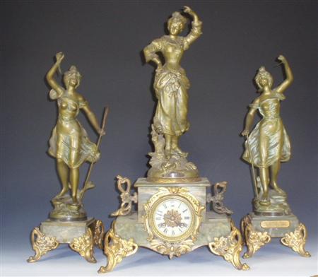 Appraisal: A th century French spelter and green onyx clock garniture