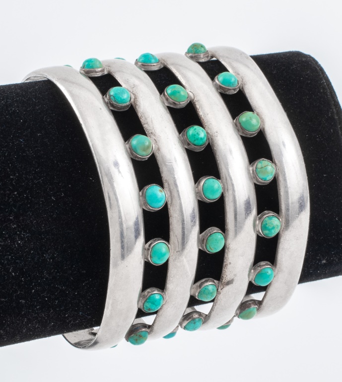 Appraisal: HECTOR AGUILAR MEXICAN SILVER TURQUOISE CUFF Hector Aguilar Mexican hand