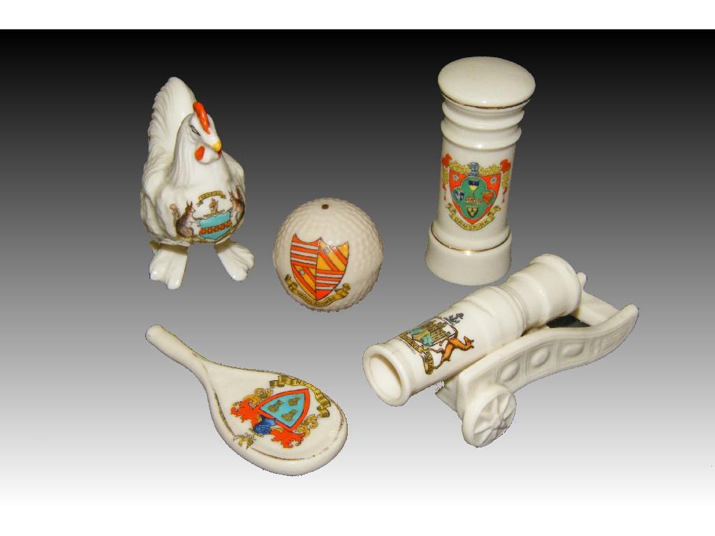 Appraisal: Five pieces of novelty crested china including a Goss model