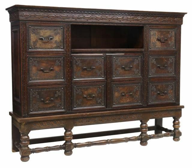 Appraisal: Baroque style oak sideboard early th c molded cornice and