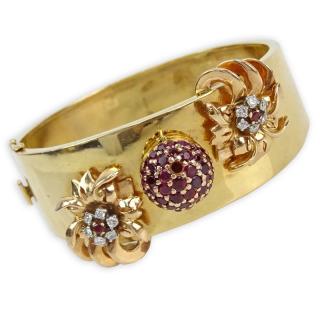 Appraisal: Retro Karat Rose Gold Ruby and Diamond Hinged Cuff Bangle