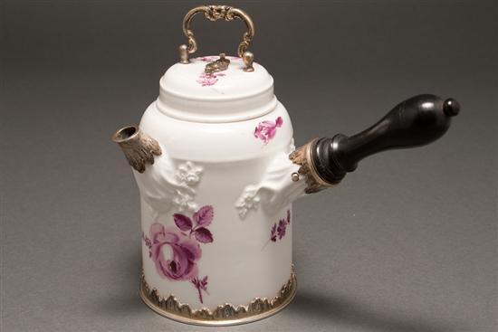 Appraisal: German silver-mounted Meissen style porcelain chocolate pot pot attributed to