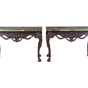 Appraisal: A Pair of George II Style Carved Walnut Marble-Top Pier