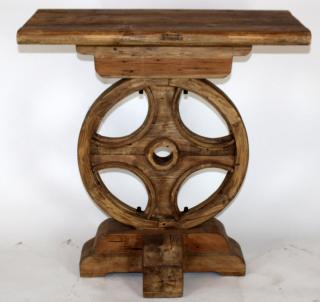 Appraisal: Rustic console with wheel form base Rustic console with wheel