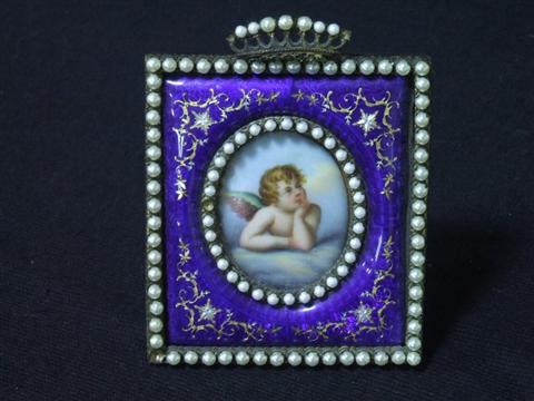 Appraisal: JEWELLED' ENAMEL MINIATURE FRAME French retailed by A C McClurg