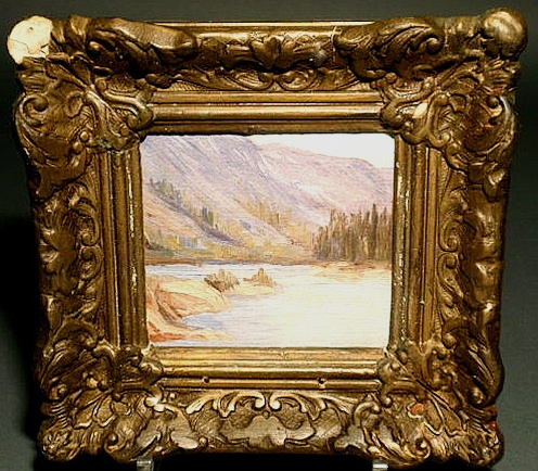 Appraisal: Oil on board painting of a lake at the base