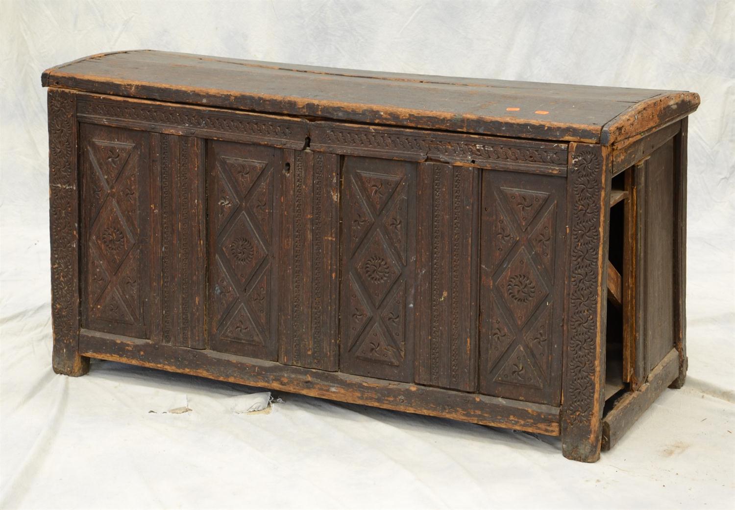 Appraisal: English pine and oak Jacobean coffer chest lacking one end