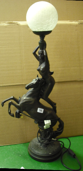 Appraisal: Reproduction Resin Lamp of a Naked Lady on Rearing Horse