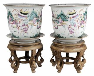 Appraisal: Pair Large Famille Rose Porcelain Jardini res with Underplates High