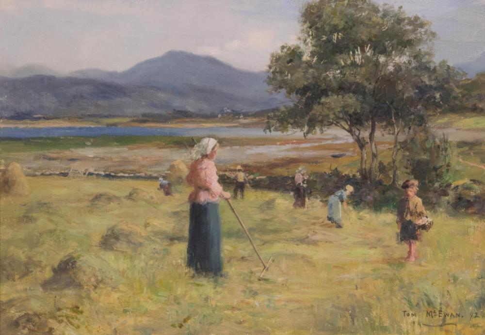 Appraisal: THOMAS McEWAN Scotland - oil on canvas Hay-Time Dunstaffnage figures