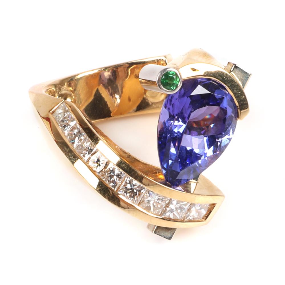 Appraisal: GAUTHIER K YELLOW GOLD TANZANITE AND DIAMOND RING WITH TSAVORITE