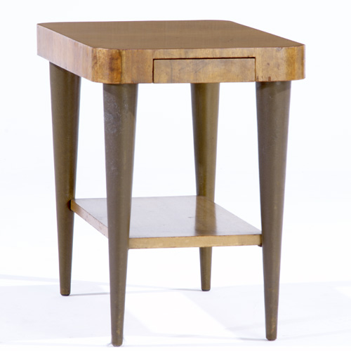 Appraisal: GILBERT ROHDE Side table with single drawer and leather-clad legs