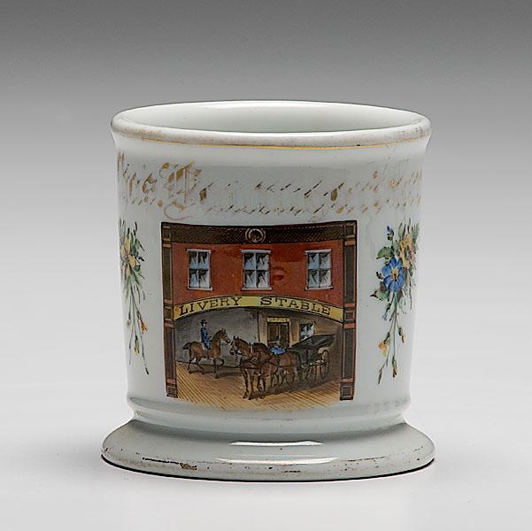 Appraisal: OCCUPATIONAL SHAVING MUG OF LIVERY STABLE OWNER porcelain with polychrome