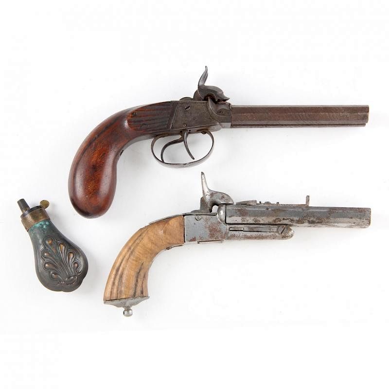 Appraisal: Two Double-Barrel Percussion Pistols With Powder Flask mid- th century