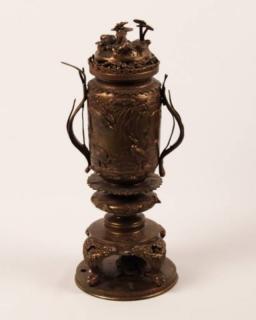 Appraisal: ORIENTAL BRONZE CAPPED URN HAVING CRANES AND VARIOUS BIRDS IN