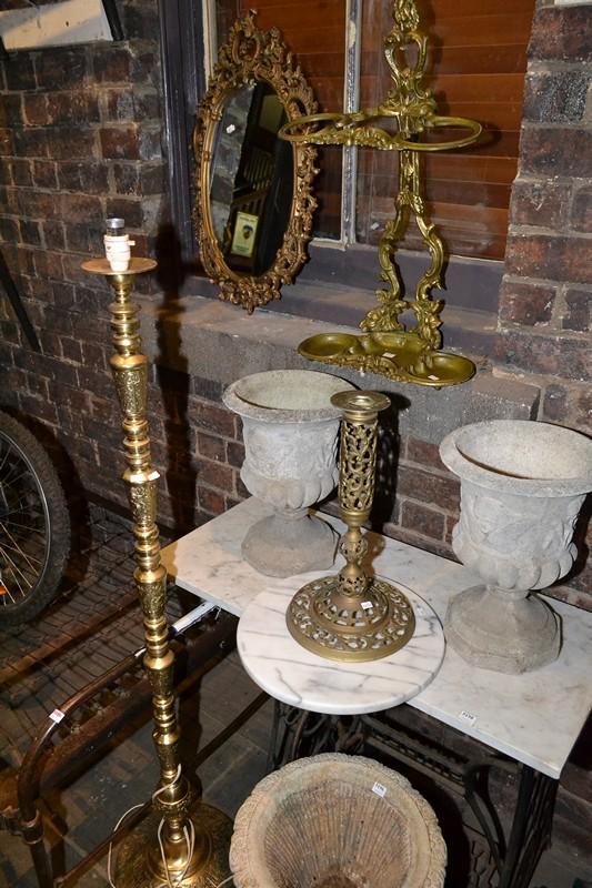 Appraisal: BRASS STANDARD FLOOR LAMP ORNATE MIRROR UMBRELLA STAND MARBLE TOP