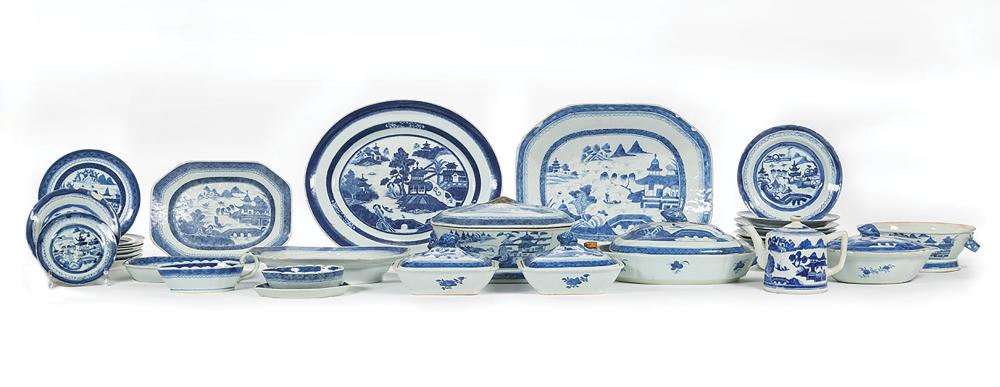 Appraisal: Large Assembled Chinese Export Canton Blue and White Porcelain Dinner