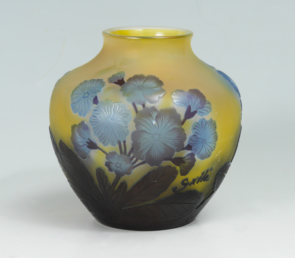 Appraisal: FLORAL CAMEO GLASS JAR SIGNED GALLE Blue flowers on amber