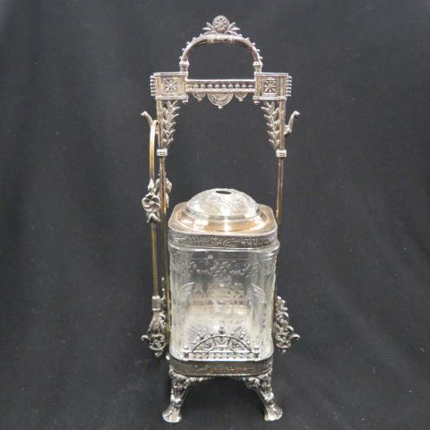 Appraisal: Victorian Silverplate Pickle Castor Meriden pattern glass insert faces on