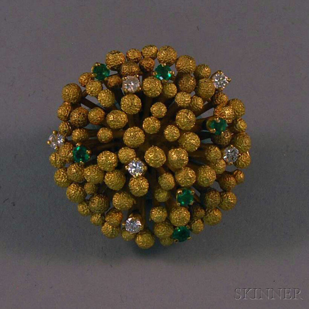 Appraisal: kt Gold Emerald and Diamond Brooch the round brooch formed