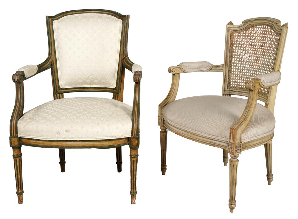 Appraisal: TWO ASSORTED LOUIS XVI-STYLE FAUTEUILSthe first cream-painted with caned backrest