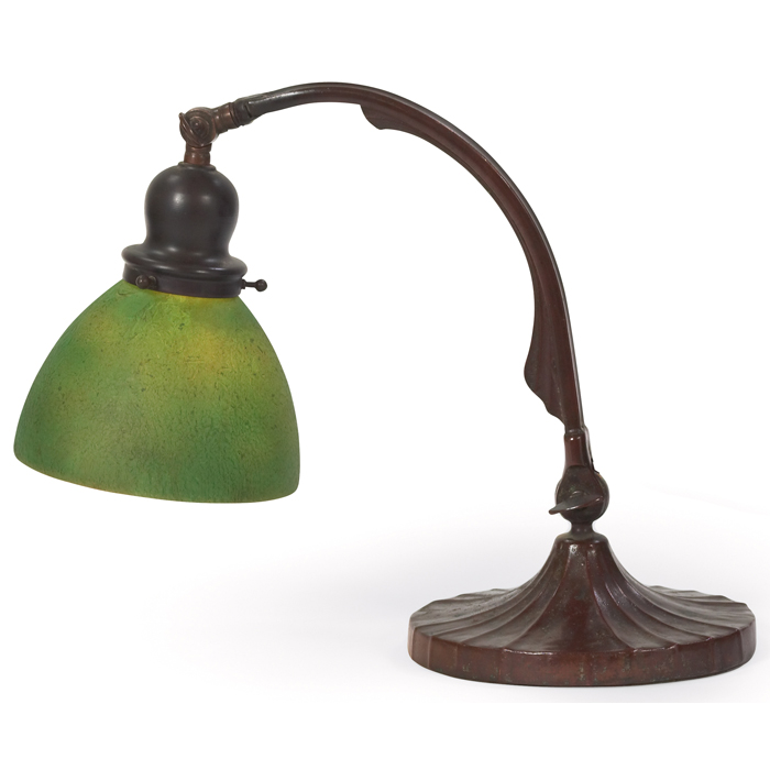 Appraisal: Handel bridge lamp green chipped iceshade supported by an adjustable